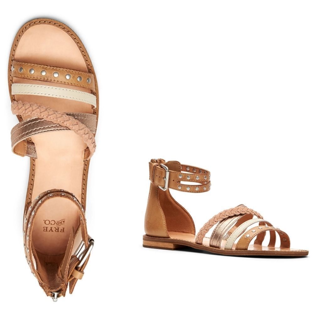 New! FRYE Women's Evie Studded Braided Leather Suede Ankle Strap Flat Sandals 10